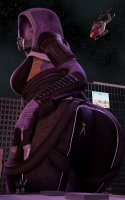 breasts giantess city mega alien large_breasts butt armor blue_eyes buildings helicopter butt_crush police tali night hands_on_hips helmet thick_thighs stuck_to_butt digital_render mass_effect talizorah quarian env_light