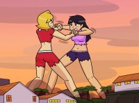 breasts drawing giantess city mega blonde black_hair color butt blue_eyes buildings angry purple_eyes mandy shorts fighting giantesses clover totally_spies top belt ripped_clothing bare_midriff megamaliit