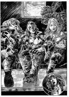 breasts drawing monochrome butt toes barefoot cleavage slave sitting crawling shrunken_woman mask chain foot_slave costume belt jumpsuit pointing x-men emma_frost black_widow jean_grey marvel_comics cutaway zatannafan964 mother_righteous