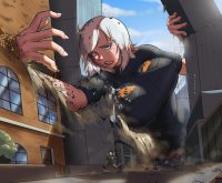 breasts drawing giantess white_hair city mega color large_breasts destruction blue_eyes buildings street ginormica short_hair skyscraper falling vehicles reflection monsters_vs_aliens jumpsuit running_away debris tripping susan_murphy dreamworks derek williamafton837