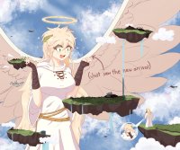 breasts giantess giga wings angel blonde long_hair cleavage yellow_eyes freckles halo feathers robes heaven yohomeboyraps thebeanieman zector1114