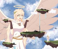 breasts giantess giga wings angel blonde long_hair cleavage yellow_eyes freckles halo feathers robes heaven yohomeboyraps thebeanieman zector1114