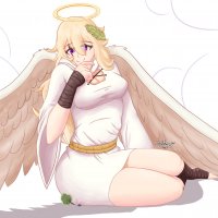 breasts giantess wings angel blonde long_hair butt cleavage purple_eyes halo feathers robes heaven sitting_on_tiny yohomeboyraps thebeanieman zector1114