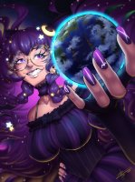breasts drawing giantess earth giga space color large_breasts long_hair glasses purple_hair purple_eyes goddess smiling gloves dress goth braid earrings stars hands_on_hips purple_nails cosmic_giantess zerohour99 estrella