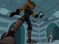 breasts furry tail alien blue_eyes shrinking gloves ponytail boots shrunken_woman indoors lombax point_of_view goggles belt white_skin looking_at_tiny digital_render ratchet_and_clank yellow_skin shrinking_gun rivet mr_spoon angela_cross prosthetic_arm