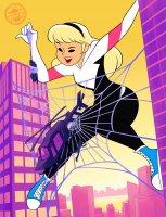 breasts drawing giantess city mega blonde color buildings helicopter climbing black_eyes caught sneakers costume between_buildings hairband web gwen_stacy spider-man traped marvel_comics spider-gwen looking_at_tinies spunkbug