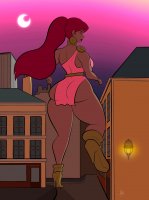 breasts drawing giantess city mega color long_hair butt high_heels buildings shoes moon giganta red_hair ponytail dress night thighs paris earrings belt bracelet behind_view thick_thighs dc_comics azerotyh