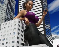 breasts giantess city mega blonde black_hair large_breasts butt handheld buildings jeans dark_skin leaning_against_building costume top thick_thighs pinched looking_at_tiny digital_render gwen_stacy hair_bun spider-man marvel_comics armored_truck spider-gwen anttiergod phin_mason tinkerer