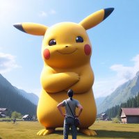 pokemon furry giant pikachu smiling mountains women houses outdoors eye_contact crossed_arms smirking ai_art
