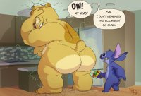 drawing growth furry tail alien color butt giant male claws shocked kitchen funny english indoors disney energy dialogue stitch raygun maxpany reuben_(lilo_and_stitch) damaged_ceiling lilo_and_stitch
