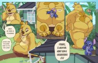 drawing furry tail mega alien comic color butt destruction giant male buildings sitting english houses outdoors palm_trees disney stuck escape dialogue between_buttcheeks stitch maxpany reuben_(lilo_and_stitch) lilo_and_stitch