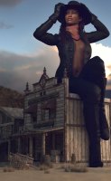 breasts giantess mega cleavage desert brunette smiling gloves boots mask dark_skin shirt belt cowboy_hat sitting_on_building cowboy digital_render allthesizepuns