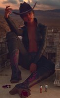 breasts giantess mega cleavage blood desert brunette asian boots sitting foot_crush belt cowboy_hat cowboy digital_render allthesizepuns