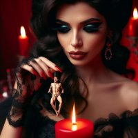 nude black_hair bondage lingerie fire torture shrunken_man cruel robe long_nails red_nails earrings candle looking_at_tiny smokinggiantess heavy_eyeshadow ai_art