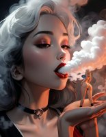 breasts white_hair butt handheld boots bottomless collar shrunken_woman smoke bare_legs smokinggiantess ai_art