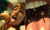 breasts giantess vore mega blonde black_hair tongue armor teeth gloves harley_quinn pigtails skyscraper open_mouth falling pants corset wonder_woman top belt tiara pinched digital_render dc_comics bare_midriff mass_vore hair_streak bakedalaskabigs