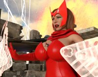 breasts large_breasts cleavage green_eyes brunette gloves shrunken_man mask magic freckles costume lightning tiara scarf digital_render spider-man marvel_comics scarlet_witch between_breasts anttiergod