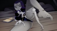 breasts drawing color large_breasts toes barefoot bed purple_hair breast_crush purple_eyes camel_toe raven teen_titans lying_down shrunken_men wrestling thighs costume pillows belt leotard book source_needed thick_thighs magic_book dc_comics anon grey_skin ravenravenraven looking_at_tinies