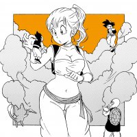 breasts drawing giantess mega monochrome cleavage ponytail unknown_artist dragon_ball bulma goku pants tea smoke genie top bracelet source_needed vegeta pinched looking_at_tiny son_goku master_roshi vest bulma_briefs bare_midriff puar