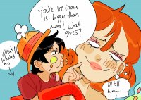 drawing giantess manga black_hair color nami one_piece ice_cream red_hair unknown_artist shrunken_man hat monkey_d_luffy straw dialogue luffy no_background looking_at_tiny