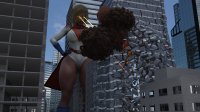 breasts giantess city mega blonde destruction rampage cleavage buildings gloves boots smoke thighs cape belt leotard hands_on_hips power_girl thick_thighs lasers digital_render dc_comics bare_legs laser_eyes gtsartistry