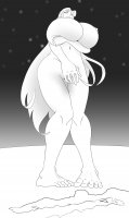breasts drawing nipples giantess nude earth giga alien space monochrome long_hair barefoot huge_breasts embarrassed teen_titans starfire stars covering_breasts dc_comics cosmic_giantess covering_pussy quiesnez