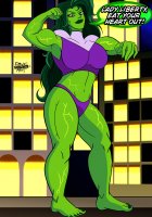 breasts drawing giantess panties city mega color large_breasts long_hair toes barefoot buildings green_eyes smiling green_hair muscles night thighs leaning_against_building fist flexing costume top dialogue veins green_skin she-hulk marvel_comics dncsamsonart