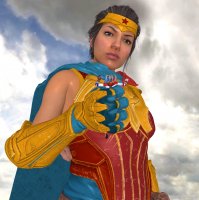 breasts giantess black_hair armor blue_eyes handheld gloves harley_quinn twintails shrunken_woman dark_skin costume wonder_woman cape tiara looking_at_tiny digital_render dc_comics revan67