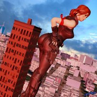 giantess city mega butt gun buildings gloves red_hair boots thighs belt jumpsuit hands_on_hips bending_forward thick_thighs black_widow digital_render marvel_comics colossalwitch