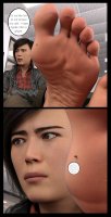 micro comic black_hair toes barefoot climbing brown_eyes asian short_hair office unaware shrunken_man pants jacket shirt point_of_view on_foot dialogue legs_crossed digital_render spider-man marvel_comics police_officer yuri_watanabe anttiergod