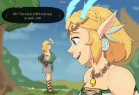 breasts drawing giantess horns mega blonde color skirt green_eyes elf sandals tattoo necklace earrings dialogue hands_on_hips source_needed looking_at_tiny pointed_ears the_legend_of_zelda sihagen link_(the_legend_of_zelda) princess_zelda_(the_legend_of_zelda) link_(legend_of_zelda)
