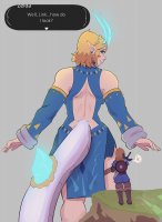 breasts drawing giantess horns tail mega blonde color sword elf dress boots unknown_artist earrings dialogue source_needed shield no_background looking_at_tiny pointed_ears the_legend_of_zelda bare_legs link_(the_legend_of_zelda) princess_zelda_(the_legend_of_zelda) link_(legend_of_zelda)