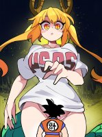 breasts drawing giantess panties horns mega upskirt blonde black_hair color yellow_eyes twintails dragon_ball goku point_of_view belt bare_legs
