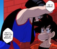 breasts drawing giantess black_hair color domination couple ponytail mini_giantess muscles dragon_ball goku belt dialogue chi_chi wall looking_at_tiny son_goku covering_mouth leaning_against_wall gi aceartworks