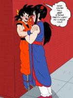 breasts drawing giantess black_hair color handheld angry domination couple ponytail mini_giantess boots muscles dragon_ball goku belt chi_chi wall looking_at_tiny son_goku gi aceartworks