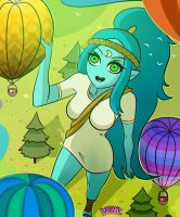 drawing giantess mega color long_hair green_eyes ponytail dress blue_skin forest hot_air_balloon headband adventure_time canyon bare_legs looking_at_tinies lyotanc cartoon_network