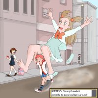 breasts drawing pokemon city blonde color barefoot skirt buildings shoes brunette brown_eyes socks pink_hair mini_giantess sandals pink_eyes shorts lifting bow jasmine bare_legs display_this_anyway whitney_(pokemon)