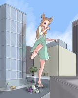 breasts drawing giantess pokemon city mega color destruction barefoot buildings brown_eyes street dress unknown_artist sandals vehicles jasmine cracked_pavement bare_legs