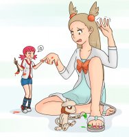 breasts drawing pokemon tail color brunette brown_eyes socks red_hair mini_giantess unknown_artist sandals shorts nail_polish jasmine no_background bare_legs whitney_(pokemon)
