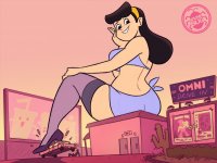 breasts drawing giantess panties mega color bra high_heels brunette stockings brown_eyes foot_crush vehicles poster vehicle_crush hairband looking_behind sitting_on_building drive_in_theater cactus bare_legs makeshift_clothing bare_midriff spunkbug perky_towers