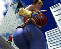 breasts giantess city mega large_breasts butt armor buildings butt_crush gloves red_hair harley_quinn twintails pants thighs jacket costume wonder_woman poison_ivy bracelet tiara looking_behind stuck_to_butt digital_render dc_comics anttiergod