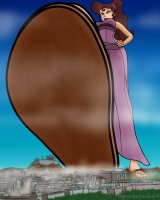 drawing giantess giga city mega color blue_eyes toes buildings brunette smiling ponytail dress sandals foot_crush disney hands_on_hips athens imminent_crush temple sandal_crush hercules megara grockroach69