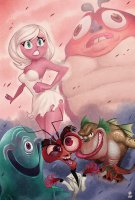breasts drawing giantess white_hair mega color blue_eyes cleavage brown_eyes ginormica dress short_hair wedding_dress scientist thighs bride monsters_vs_aliens ripped_clothing bare_legs susan_murphy dreamworks antennae blob doctor_cockroach b.o.b. missing_link wazzaldorp insectosaurus