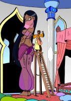 breasts drawing growth giantess mega black_hair color long_hair butt barefoot bed princess smiling pants ladder dark_skin thighs indoors pillows needle top ripped_clothing veil looking_at_tiny tailor drsgrowth bare_midriff