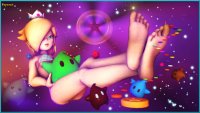 breasts giantess giga blonde space butt swimsuit blue_eyes toes cleavage mario crown legs_crossed on_toe poposan digital_render cosmic_giantess princess_rosalina hair_covering_eyes