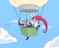 breasts drawing growth giantess jessie tail color long_hair destruction pikachu handheld green_eyes purple_hair gloves red_hair mini_giantess boots unknown_artist team_rocket clouds sky hot_air_balloon earrings meowth on_leg bare_midriff jessie_(pokémon) james_(pokémon)