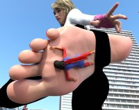 city mega blonde black_hair toes barefoot buildings foot_crush dark_skin costume point_of_view bracelet stuck_to_foot scarf digital_render gwen_stacy ms_marvel spider-man marvel_comics spider-gwen kamala_khan anttiergod