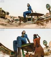 breasts giantess mega comic black_hair destruction desert gloves boots jacket ruins jumpsuit cap sitting_on_building looking_at_tiny digital_render gas_station fallout js3ds piper_wright
