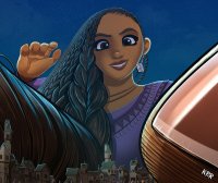 breasts drawing giantess giga city black_hair color long_hair brown_eyes smiling dark_skin night jewelry freckles disney braid crowds stars wish looking_at_tinies kisparlius asha