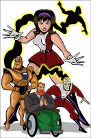 breasts drawing giantess chief mega color blue_eyes skirt brunette gloves red_hair boots costume doom_patrol belt hands_on_hips hairband no_background dc_comics bare_legs elasti-girl robotman negative_man rita_farr brendan_tobin